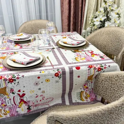 Set Fata de Masa din Bumbac Imprimat cu 6 Servetele – Eleganta si Calitate pentru Mese Perfecte, Alb, Holiday