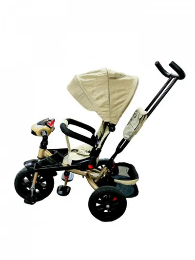 Tricicleta pentru copii Novokids Super Trike Crem cu copertina , melodii si lumini, roti din cauciuc, pozitie somn, scaun reversibil cu rotatie 360 grade