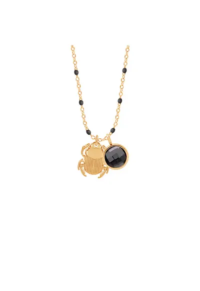 Lantisor placat cu aur cu pandantiv cu cuart negru si scarabeu