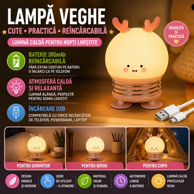 Lampa de noapte, de veghe, pentru copii sau bebelusi, Portabila, Baterie Reincarcabila 300mAh, Rose