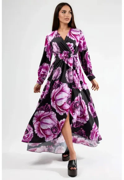 Rochie Midi - Floral - Elegant - Roz/negru - Poliester/Lycra