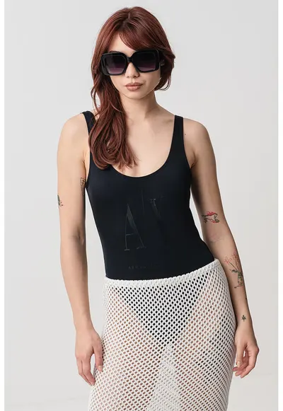 Costum de baie intreg cu imprimeu logo - Negru