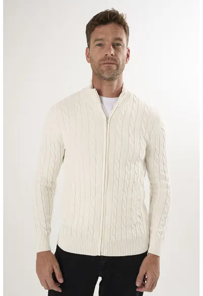 Cardigan uni de bumbac cu fermoar - Alb murdar