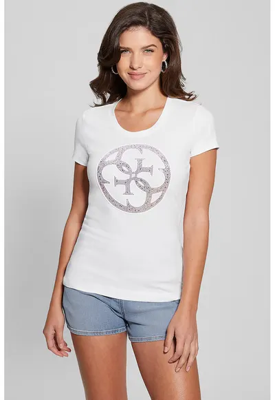 Tricou slim fit cu logo din strasuri - Alb