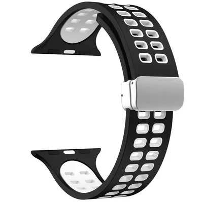 Curea Perforata cu Magnet pentru Apple Watch, Ajustabila, Silicon, Negru-alb - 38/40/41 mm Engros