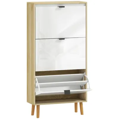 HOMCOM Dulap pentru pantofi, dulap îngust pentru pantofi, 3 sertare rabatabile, ușă înaltă lucioasă, 60x24x127cm, alb | Aosom Romania