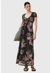 Rochie evazata cu model floral - Negru/Maro taupe