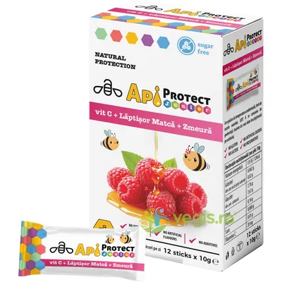 Miere Apiprotect Junior cu Vitamina C, Laptisor de Matca si Zmeura 12 plicuri x 10g