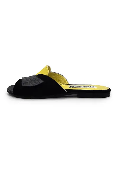 Papuci din piele cu garnituri din piele intoarsa - Negru/Galben deschis