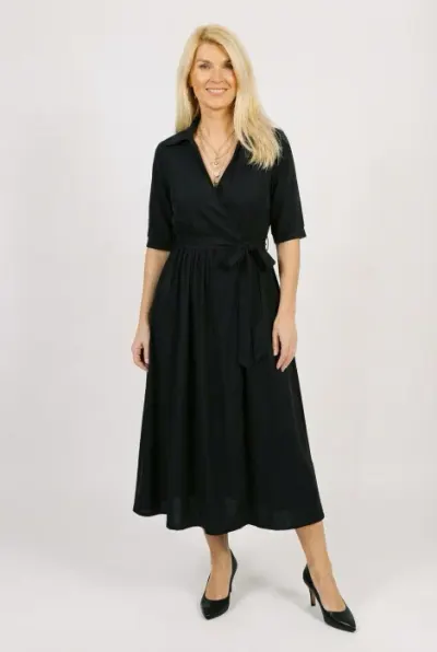 Rochie midi petrecuta cu cordon, din vascoza neagra