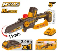 Fierastrau de mana INGCO CGSLI20561E, 20V, Brushless, lama 13cm / 5”, ungere automata, lant 1/4”, viteza 11m/s, 36 zale, acumulator 2Ah, incarcator si cutie transport