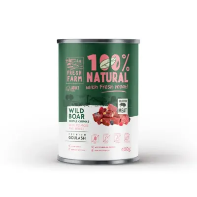 Conserva pentru caini Fresh Farm Goulash cu mistret,cartofi fructe de padure 400 gr