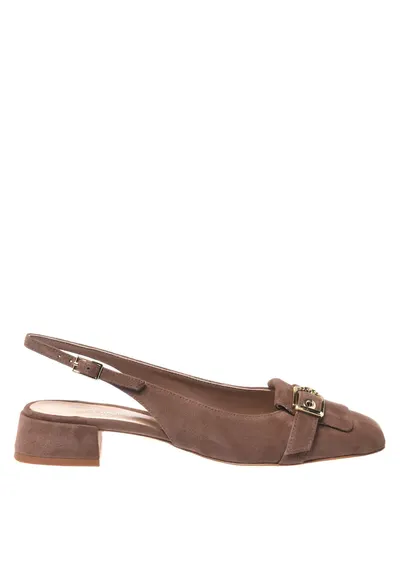Pantofi slingback din piele intoarsa cu varf patrat si toc - Maro taupe