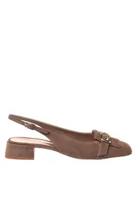 Pantofi slingback din piele intoarsa cu varf patrat si toc - Maro taupe