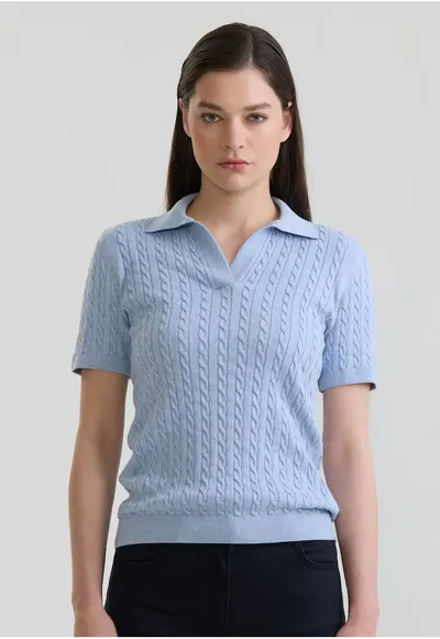 Tricou polo slim fit cu torsade - Albastru pastel