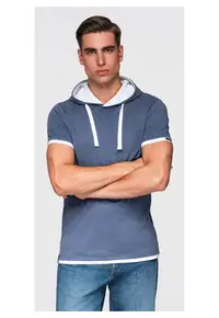 Tricou cu gluga din bumbac OM-TSCT-0256 - Albastru inchis