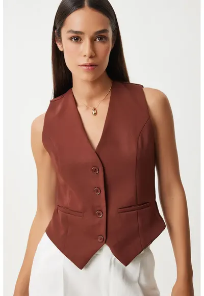 Vesta scurta - Happiness Istanbul - casual - cu nasturi - bumbdwqfwqac si poliester - Maro