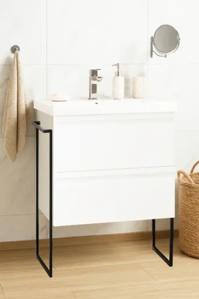 Set Baza front MDF si Lavoar seria 786, cadru metalic, sertare, 60 cm, alb