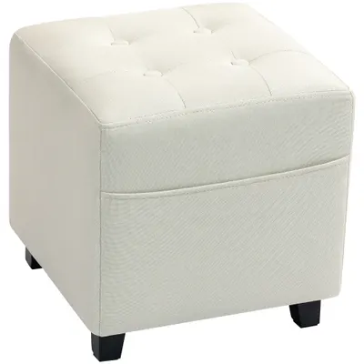 HOMCOM Suport pentru picioare pentru living, ottoman, scaun tapițat capitonat din material cu aspect de in cu buzunar lateral, 35 x 35 x 35 cm, cremă | Aosom Romania