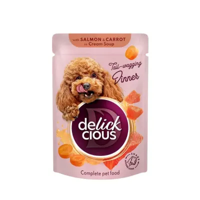 DELICKCIOUS Dinner, XS-S, Somon și Morcov, plic hrană umedă câini, (în supă), 85g