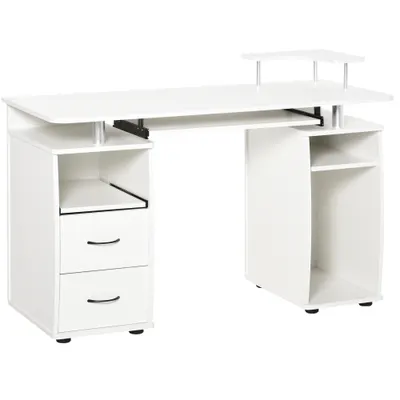 HOMCOM Birou PC din PAL și Oțel Alb cu Tastatură și Raft Monitor, Spațiu Generos de Lucru, 2 Sertare, Design Modern, 120x55x85 cm | Aosom Romania