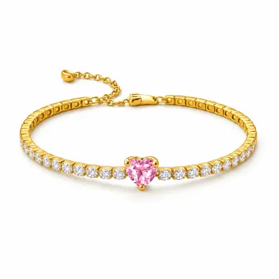 Bratara Tennis Pink Heart Gold Cu Aur