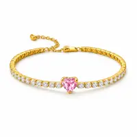 Bratara Tennis Pink Heart Gold Cu Aur
