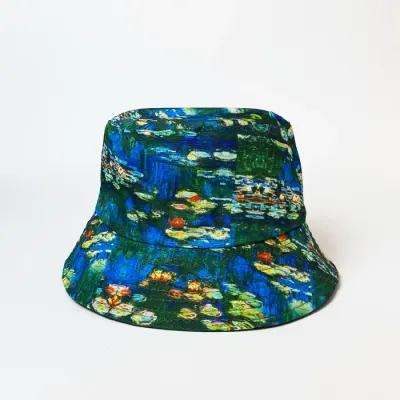 Palarie tip bucket unisex cu doua fete imprimata cu reproducere dupa Nuferii de Claude Monet
