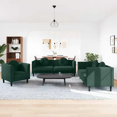 vidaXL Set canapea cu perne, 3 piese, verde închis, catifea