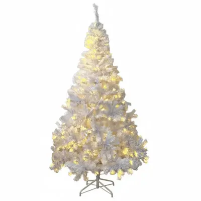 Brad alb artificial iluminat, 195 cm, 360 LED-uri alb cald, 936 ramuri dense, suport metalic