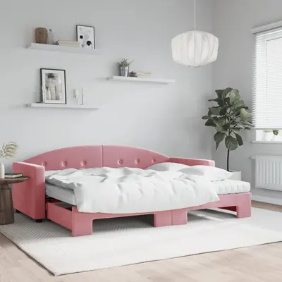 Gossi pat de zi cu extensie si saltea, roz, 80x200 cm, catifea