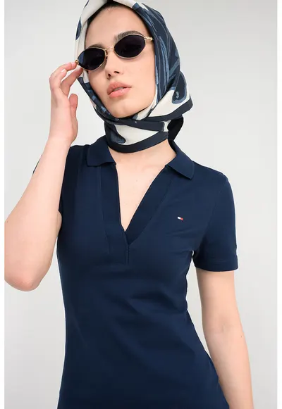Rochie mini cambrata cu guler polo - Albastru oceanic