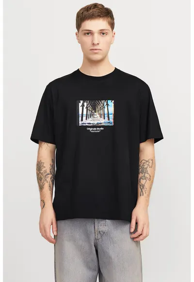 Tricou relaxed fit de bumbac cu imprimeu - Albastru pastel/Negru