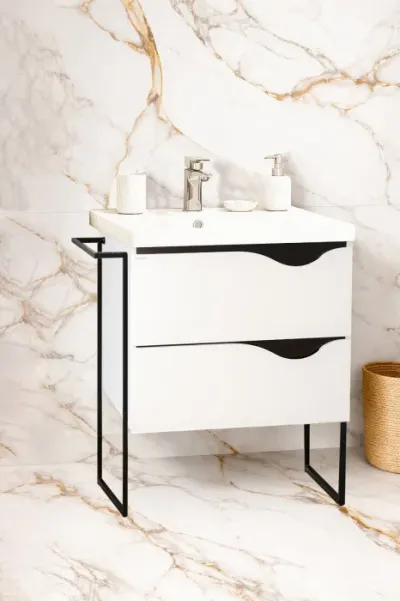 Set Baza front MDF si Lavoar seria 797, cu sertare, cadru metalic, montat, 60 cm, alb