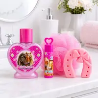 Set cadou de baie pentru copii, I Love Horses, Accentra, spumant, săpun, balsam de buze și burete de baie