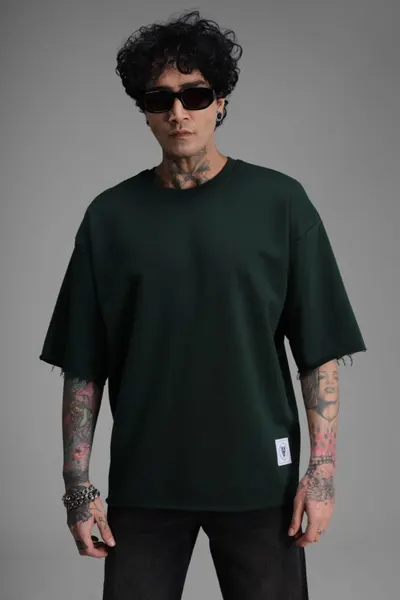 Tricou Barbati Oversized Dark-Green Raw Edge Streetwear (mărime: S)