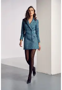 Rochie-sacou din tuid cu nasturi metalici - Alb/Turcoaz