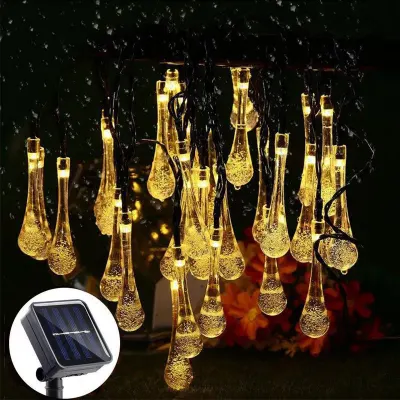 Instalatie LED solara, globuri picatura cristal, 10m, 30 LED, lumina galbena