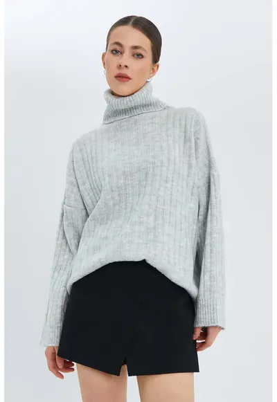 Pulover dama - guler inalt - oversize - gri - tricot