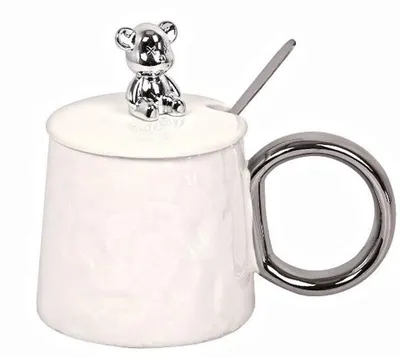 Cană cu capac Morello - Bear, cu linguriță, 300 ml, White