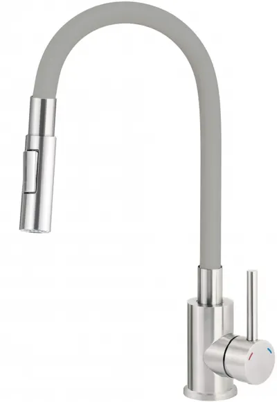 Baterie pentru chiuveta bucatarie, gri, cap mixer, pipa flexibila, 2 tipuri de jet, Deante Luno