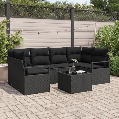 Set de canapele de gradina Gossi cu perne negru ratan polimer, canapea de gradina pentru doua persoane cu depozitare si perne negru ratan polimer
