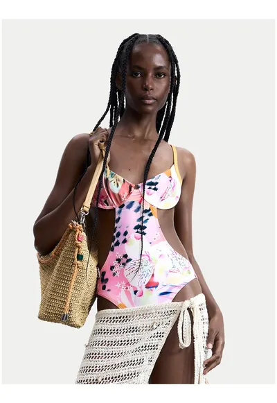 Costum de baie dama - multicolor - material sintetic - imprimeu grafic