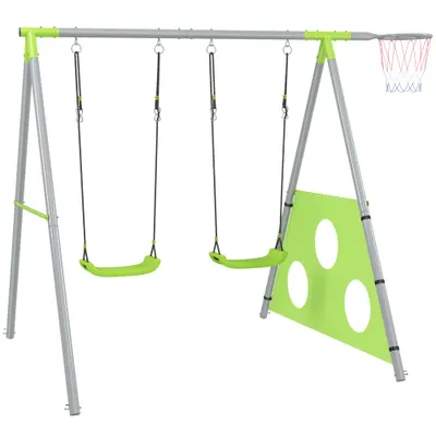 AIYAPLAY Leagăn de Grădină 3 în 1 pentru Copii 3-8 Ani cu Coș de Baschet și Poartă de Fotbal, 238x180x182 cm, Verde | Aosom Romania