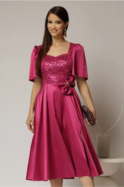 Rochie midi magenta din tafta si paiete cu funda ampla pe talie