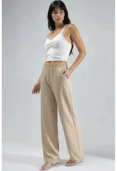 Pantaloni dama - Colectia Ellie - talie elastica - croiala dreapta - bej natural - textil