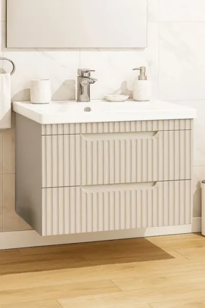 Set Baza front MDF si Lavoar seria 733, suspendata, cu sertare, montata, 80 cm, crem