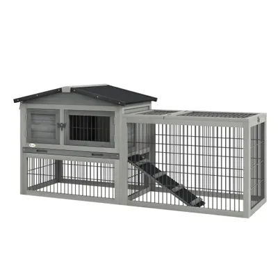 PawHut Cuib Exterior din Lemn de Brad cu Rampă, Acoperiș Rabatabil Impermeabil, Sertar Detașabil, Cuib pentru Iepuri, Animale Mici, Gri Deschis | Aosom Romania