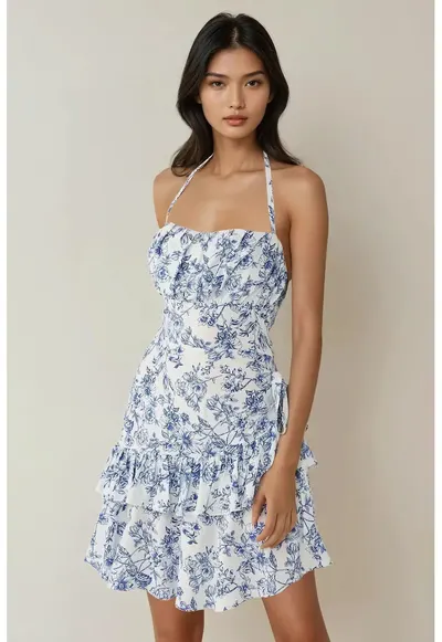 Rochie mini - model floral - albastra - bumbac