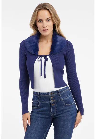 Cardigan crop cu snur si blana sintetica - Albastru indigo